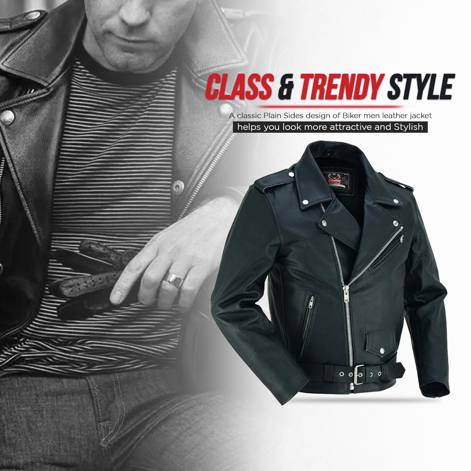 Men Genuine Brando Leather Jacket Motorcycle Black Cowhide Marlon Biker Jacket