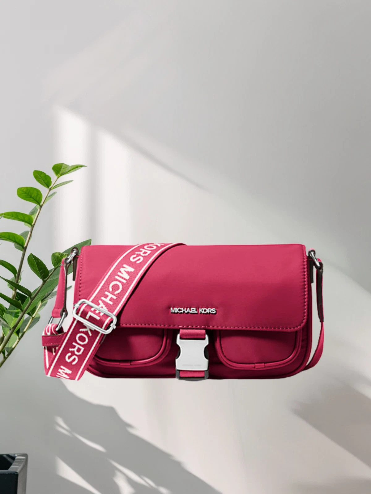 Michael Kors Khai Medium Nylon Double Pocket Flap Messenger Bag Dark Raspberry