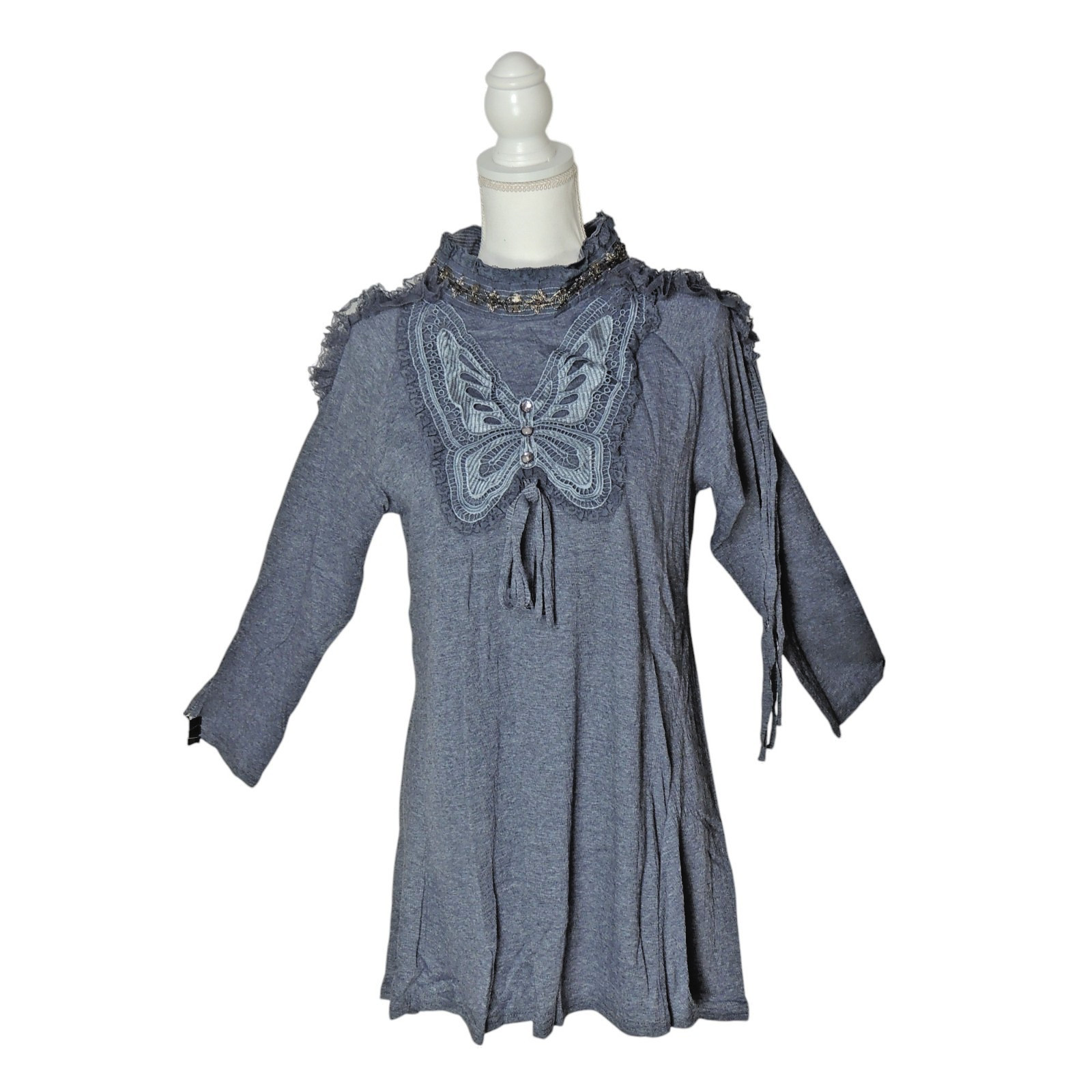 Pretty Angel Top Long Sleeve Butterfly Tunic With Lace Beaded Accents Blue M