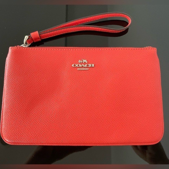 Coach Large Wristlet Red Crossgrain Leather Silver Logo Clutch Bag