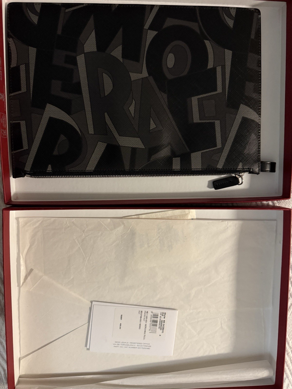 Ferragamo Zoomed Graphic Letter Print Zip Case Calf Leather Sleeve *Retail W/box