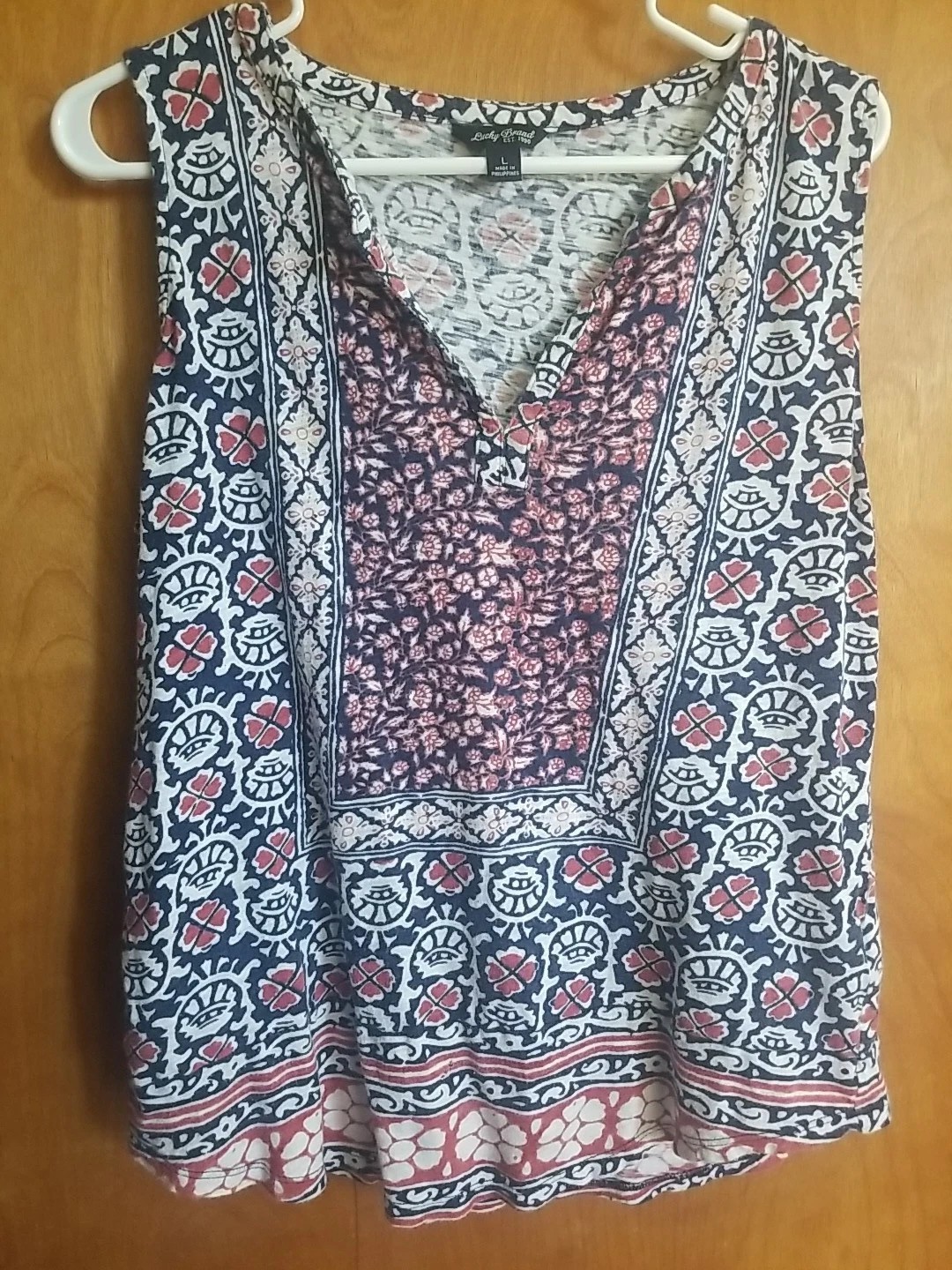 Lucky Brand Top Womens Sleeveless Boho Print V Neck Multicolor Sz L