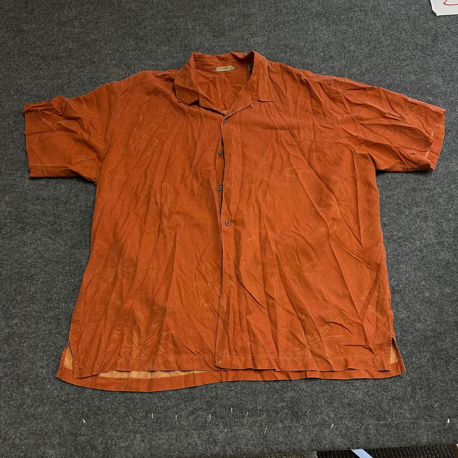 Tommy Bahama Button Down Mens XXL Orange Silk Embroidered Floral Hibiscus Camp