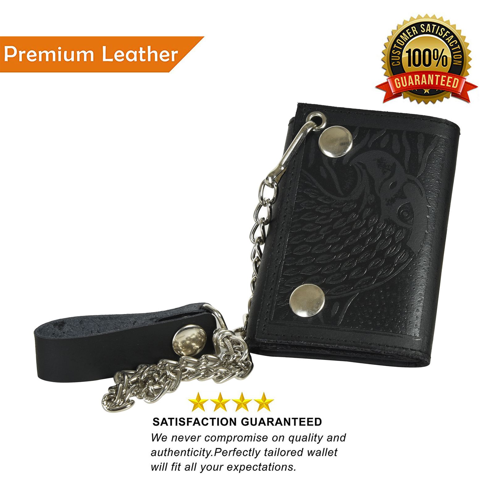 Leatherboss Genuine Leather Men EAGLE Trifold Wallet Chain Biker Trucker, Black