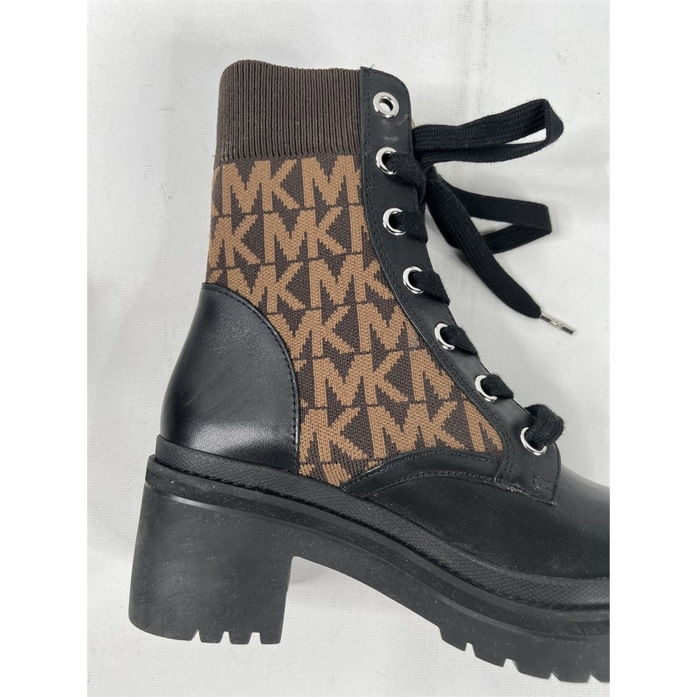 Michael Kors Brea Black Leather & Brown Logo Jacquard Combat Boots 6M