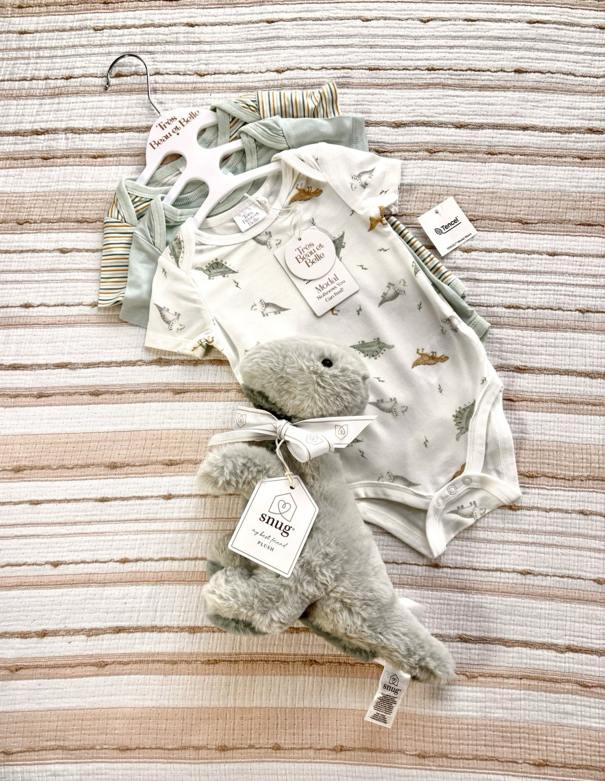 NWT Tres Beau et Belle TENCEL Modal 3pc Set 6-9M & Snug Dino Plush Lot