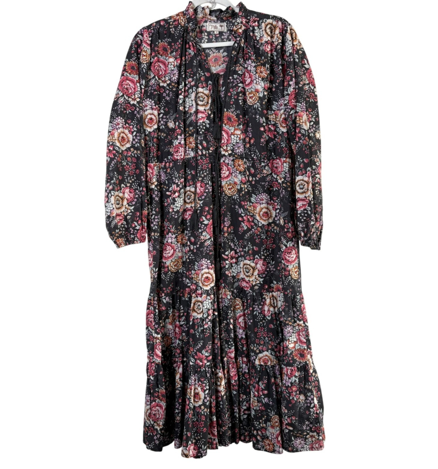 Mille Astrid Tassel Midi Dress Size M Bloomsbury Floral Long Sleeve Pockets