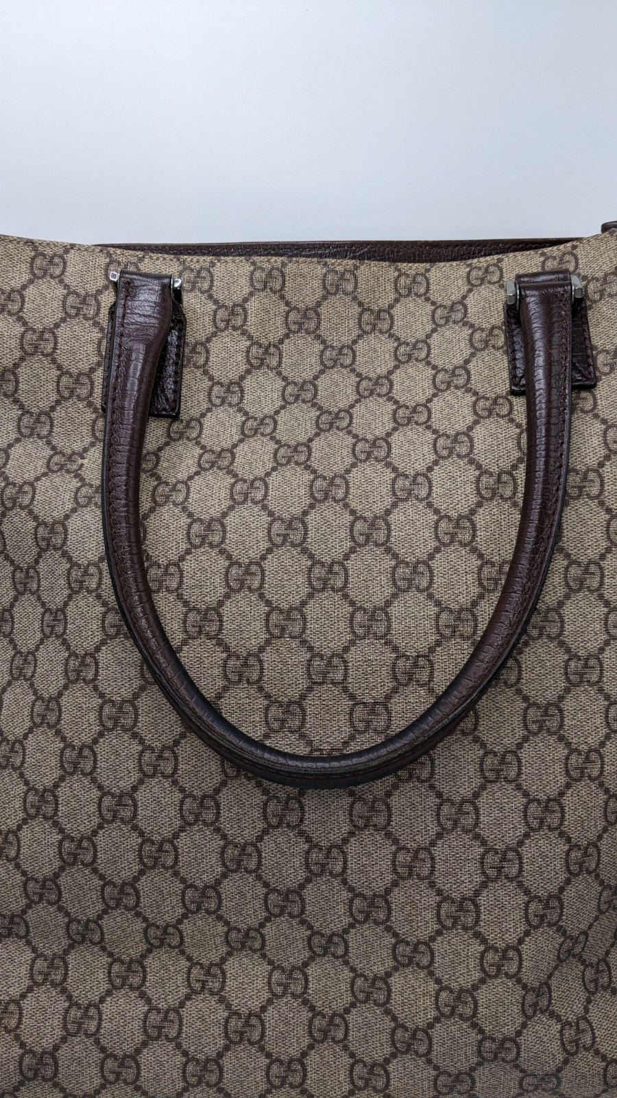 Gucci GG Supreme Monogram Canvas Brown Leather Large Tote Shopper Bag