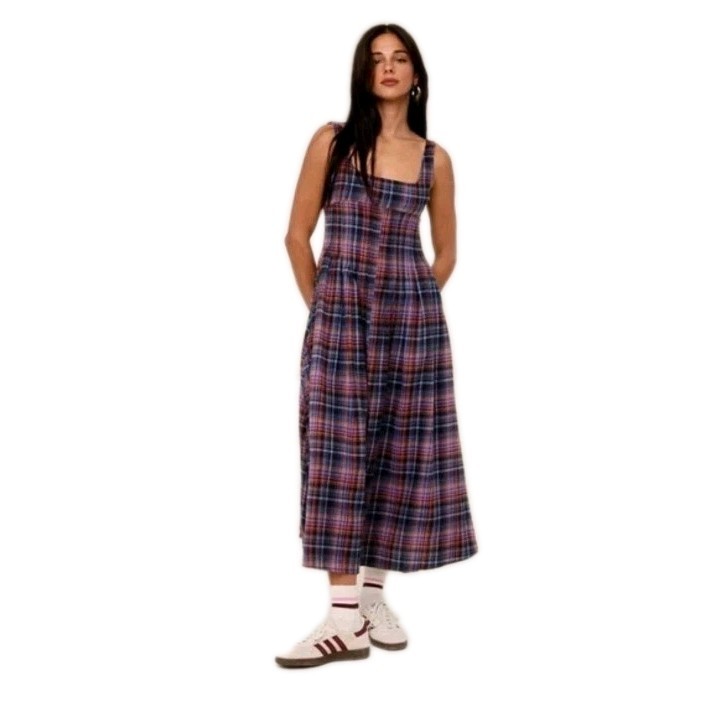 New Lara Daisy Irish Cotton Dress Pinafore Long Jumper Grunge Plaid L Academia
