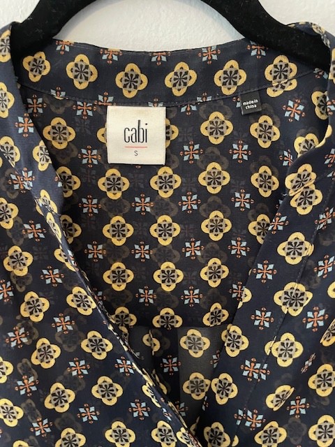 Cabi Mosaic Blouse Sheer Navy Geometric Ruffle Smocked Flare Sleeve Size S 3772