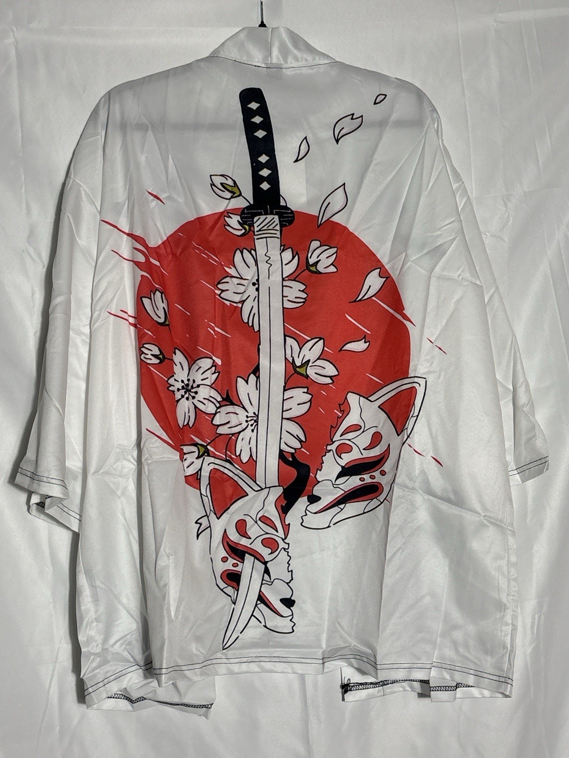 NIEPCE Japanese Kimono Cardigan XL White Samurai Sword Fox Mask Anime Robe
