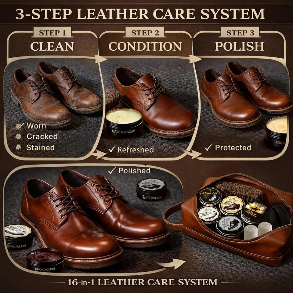 Shoe Care Kit – 16-In-1 Leather Shoe Polish, Cleaning & Conditioning Kit with Sa