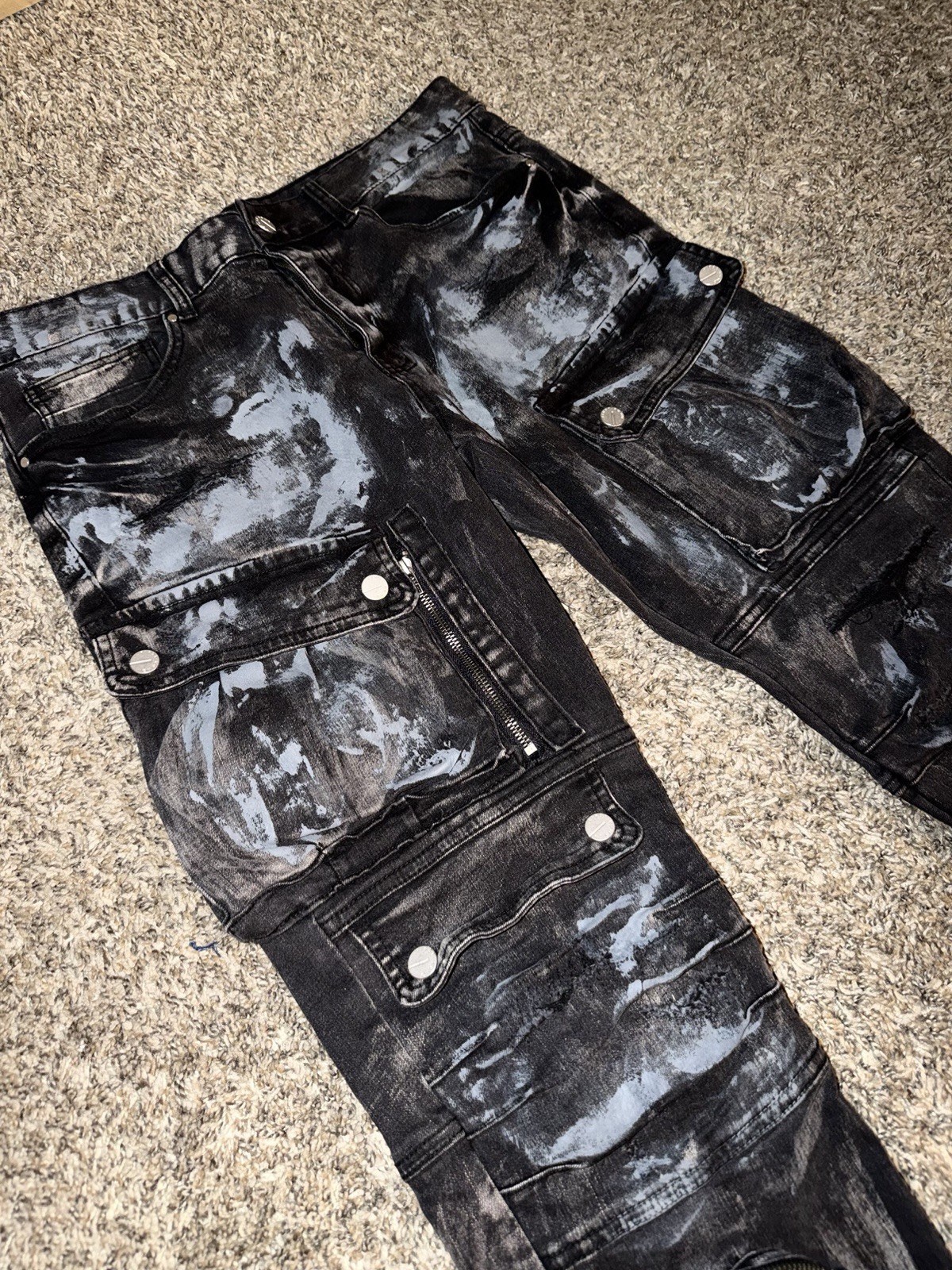 Men’s Distressed Cargo Paint Splatter Zipper Pocket Jeans Pants Stretch Black 34