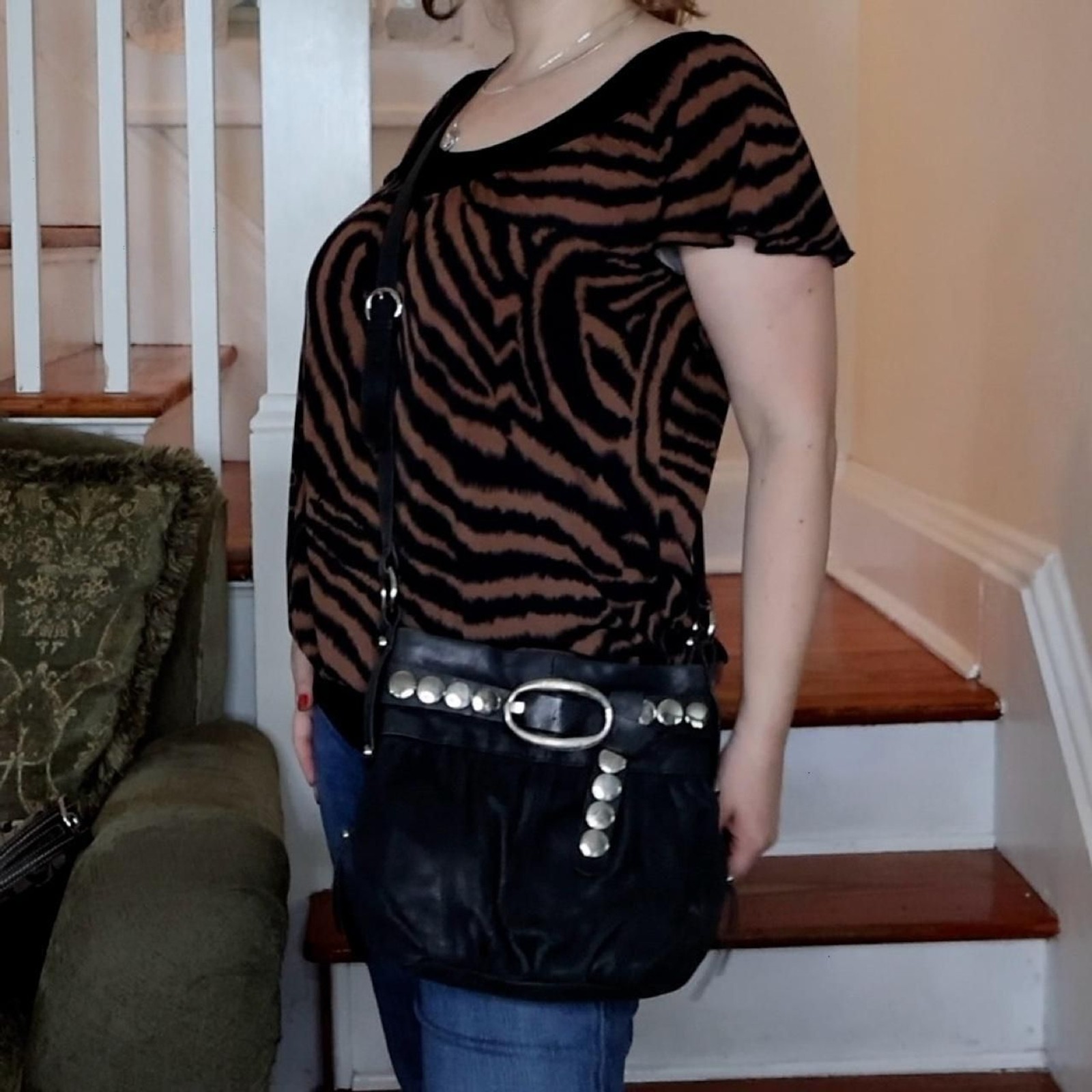 Genuine Leather B Makowsky Siver Studs Black Bag Long Strap Crososbody Indie Alt