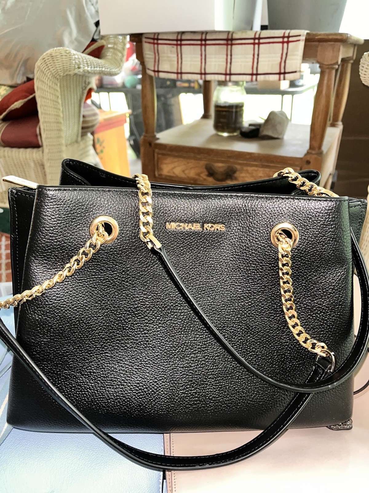 Michael Kors Black Leather Top Handle Bag With Gold Chain Accessories