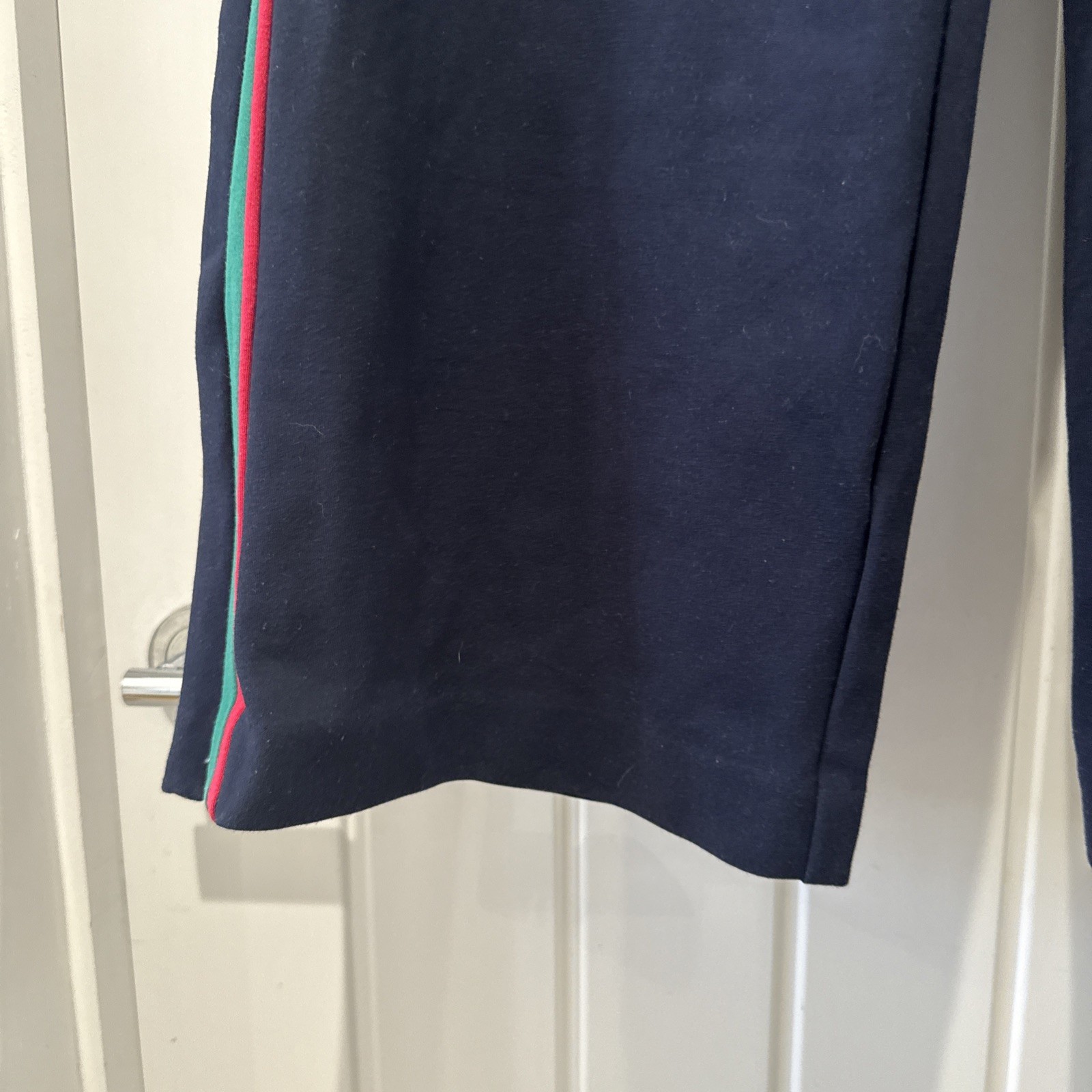 Boden Trousers Straight Wide Leg Navy Size 12P Uk Red & Green Stripe