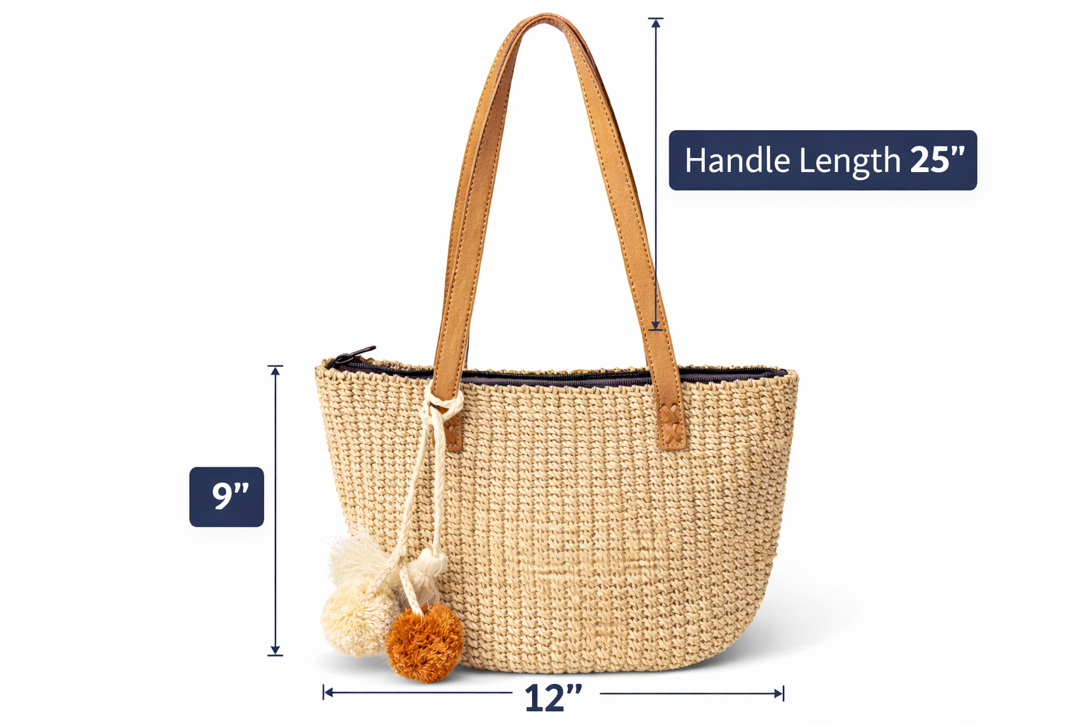 Womens Straw Tote Bag 12×9″ Leather Trim Summer Beach Shoulder Handbag 25″