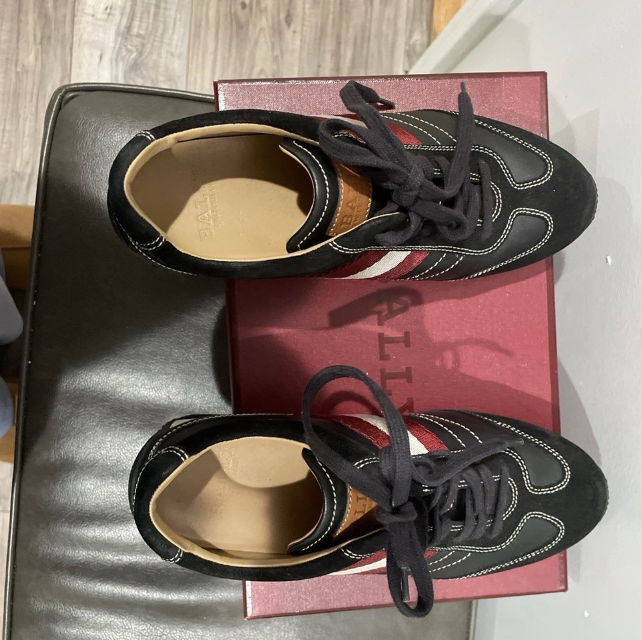 Women’s Bally Low Top Lace-Up leather/Suede Sneakers – Black Red White Striped