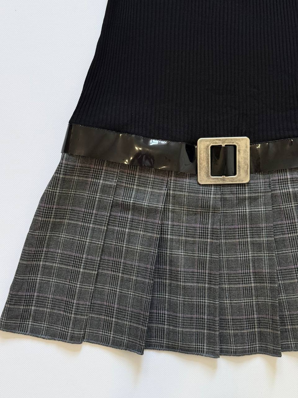 Vintage Morgan de Toi Black Rib Knit Wool Blend Plaid Pleated Mini Dress XS S M
