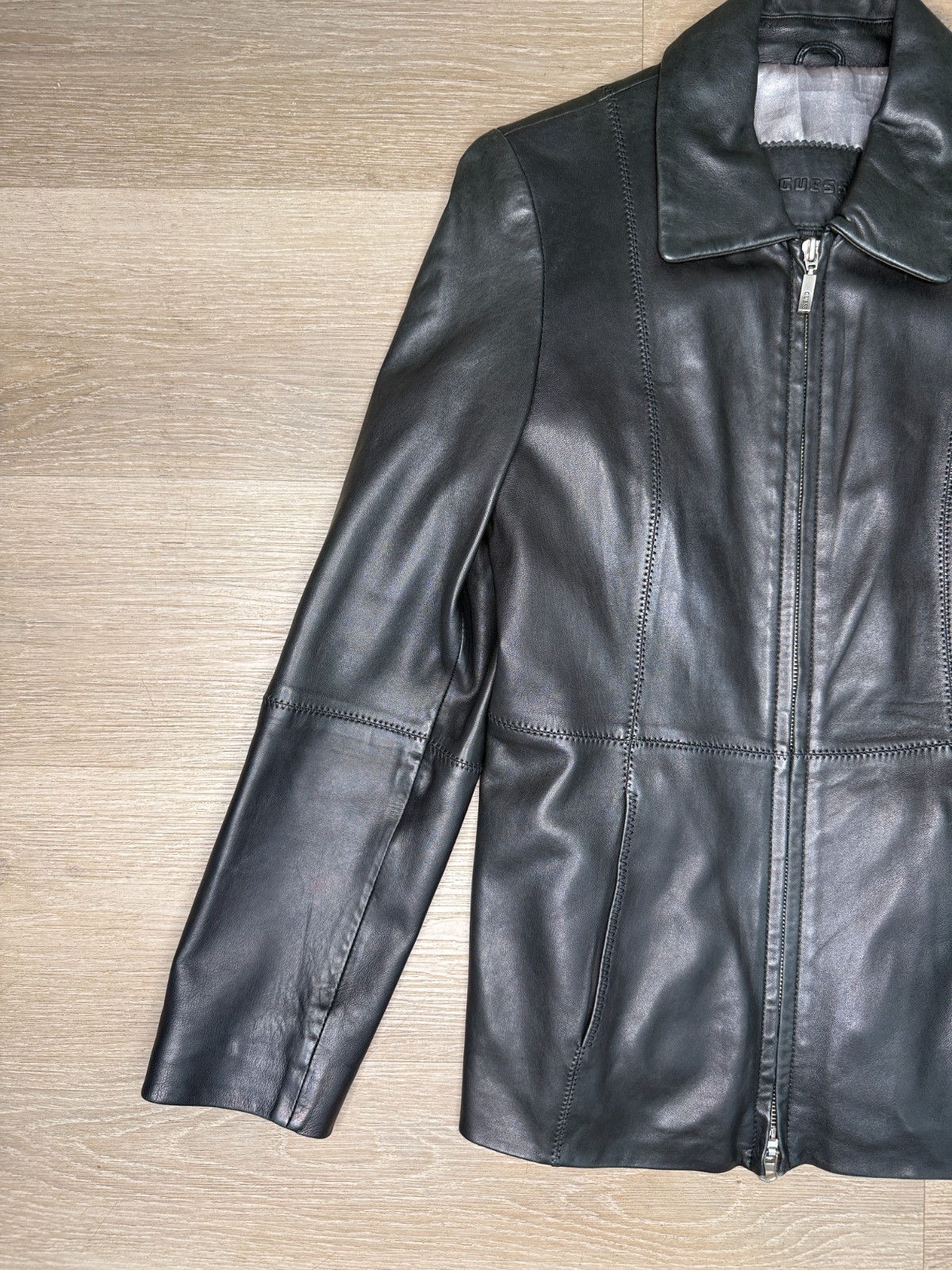 Vintage Guess Genuine Leather Jacket Women’s Black Moto Biker Zip Coat Size S