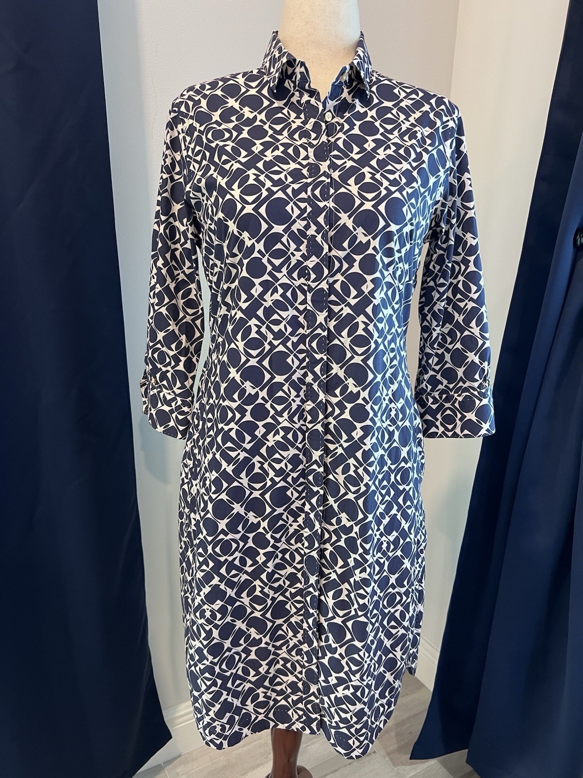LE SARTE PETTEGOLE Italian Dress (10-12) IT 46 Navy White Geometric Luxury EUC