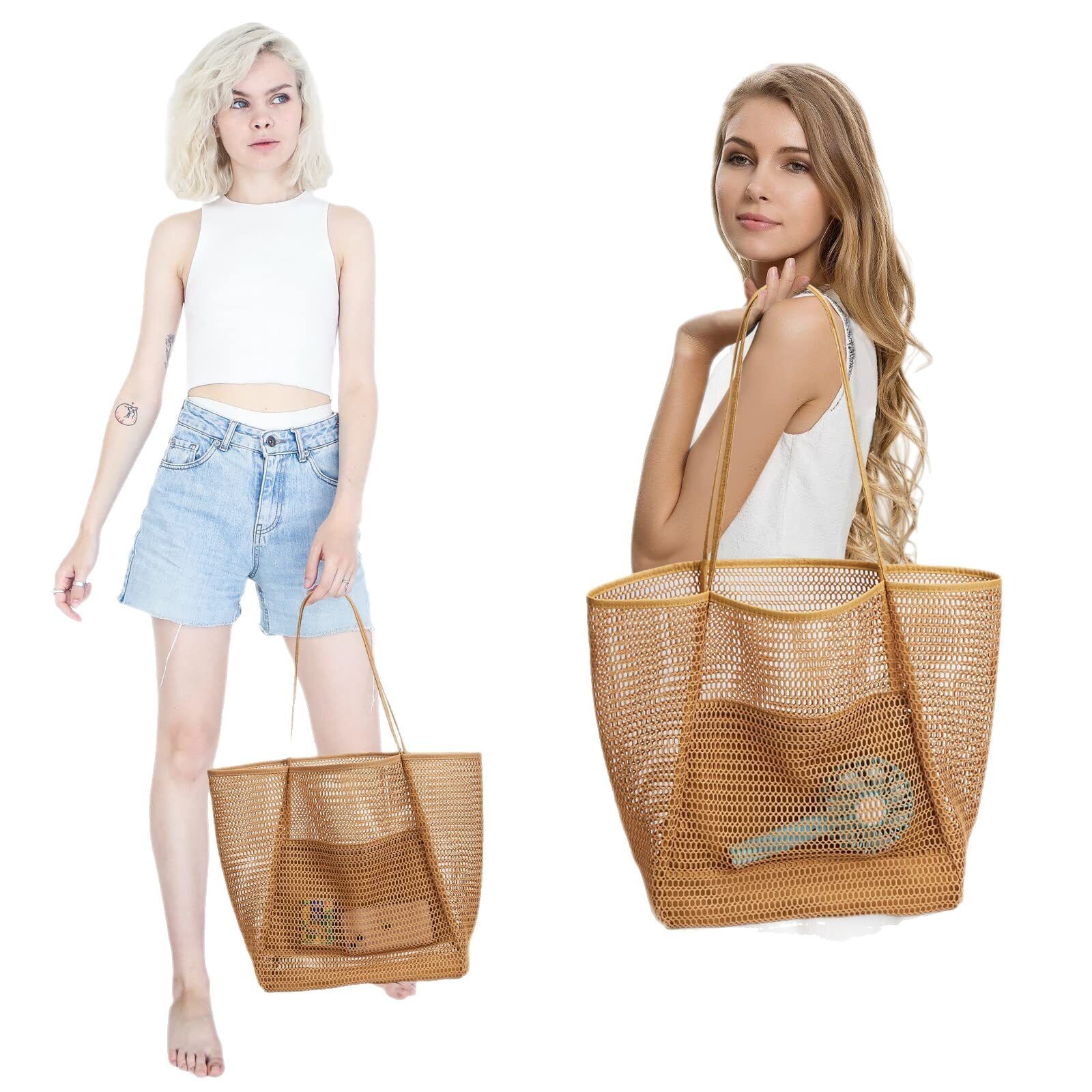 Casual Tote Bag Large Mesh Beach Friendly Picnic Vacation Shoulder Bag w/Pockets