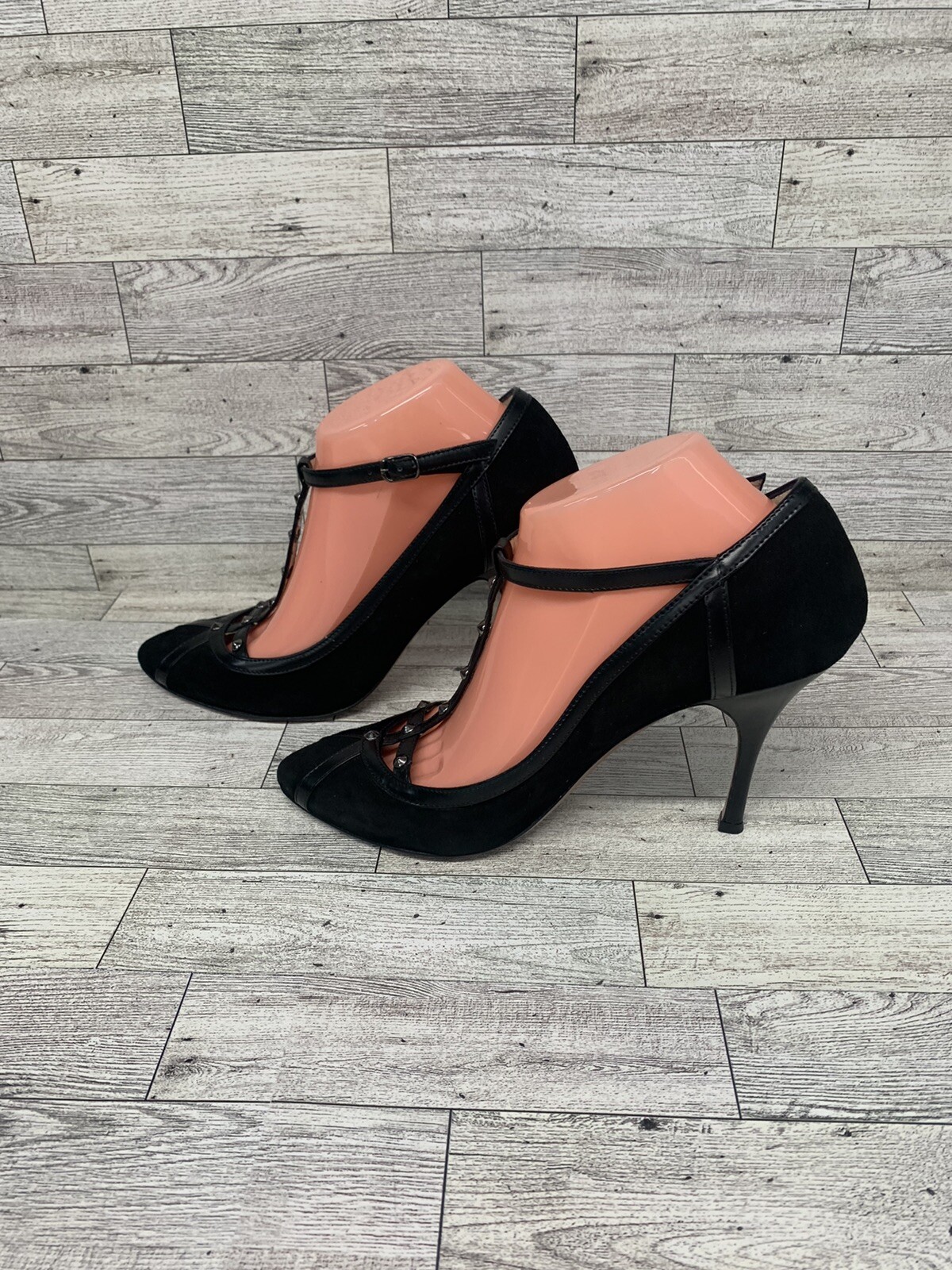 CLAUDIA CIUTI STUDDED 4” HEELS Black Leather Suede Women Size 9.5M