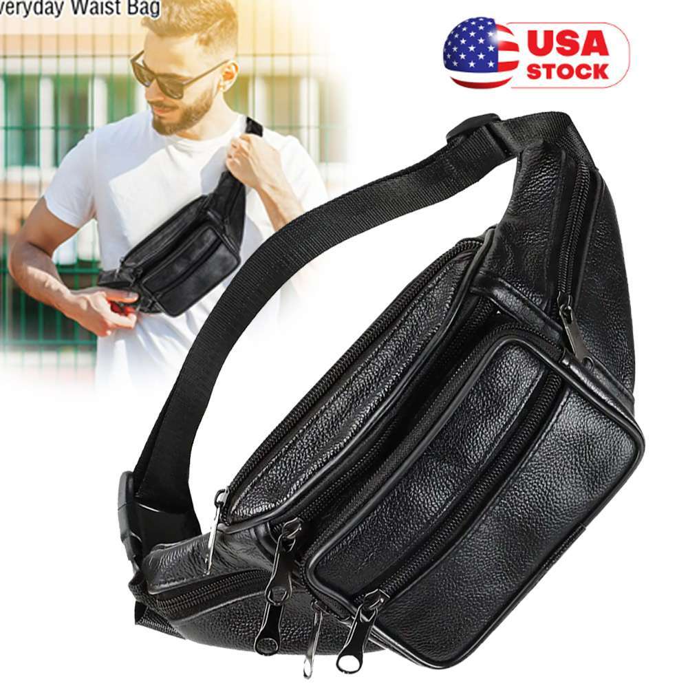 Genuine Leather Waist Bag Fanny Pack Multi Zippered Hip Belt Purse Black Pouch