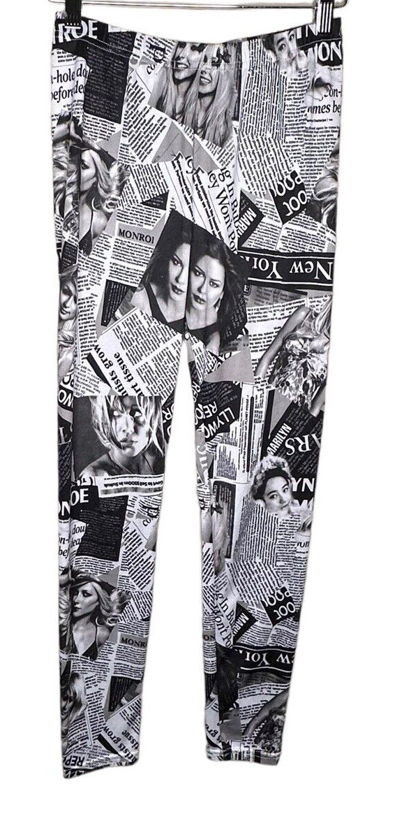 Newspaper Vogue Leggings Womens XS Black & White Graphic Print Stretch Retro