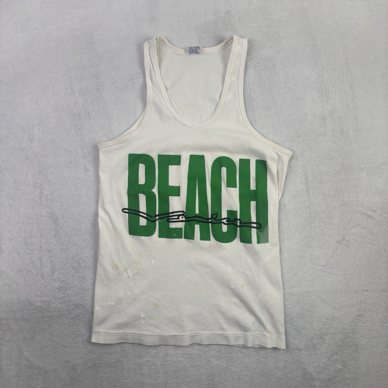 VTG 80s B.Y.C Beach White Sleeveless Tank Top Graphic Distressed Men’s Medium