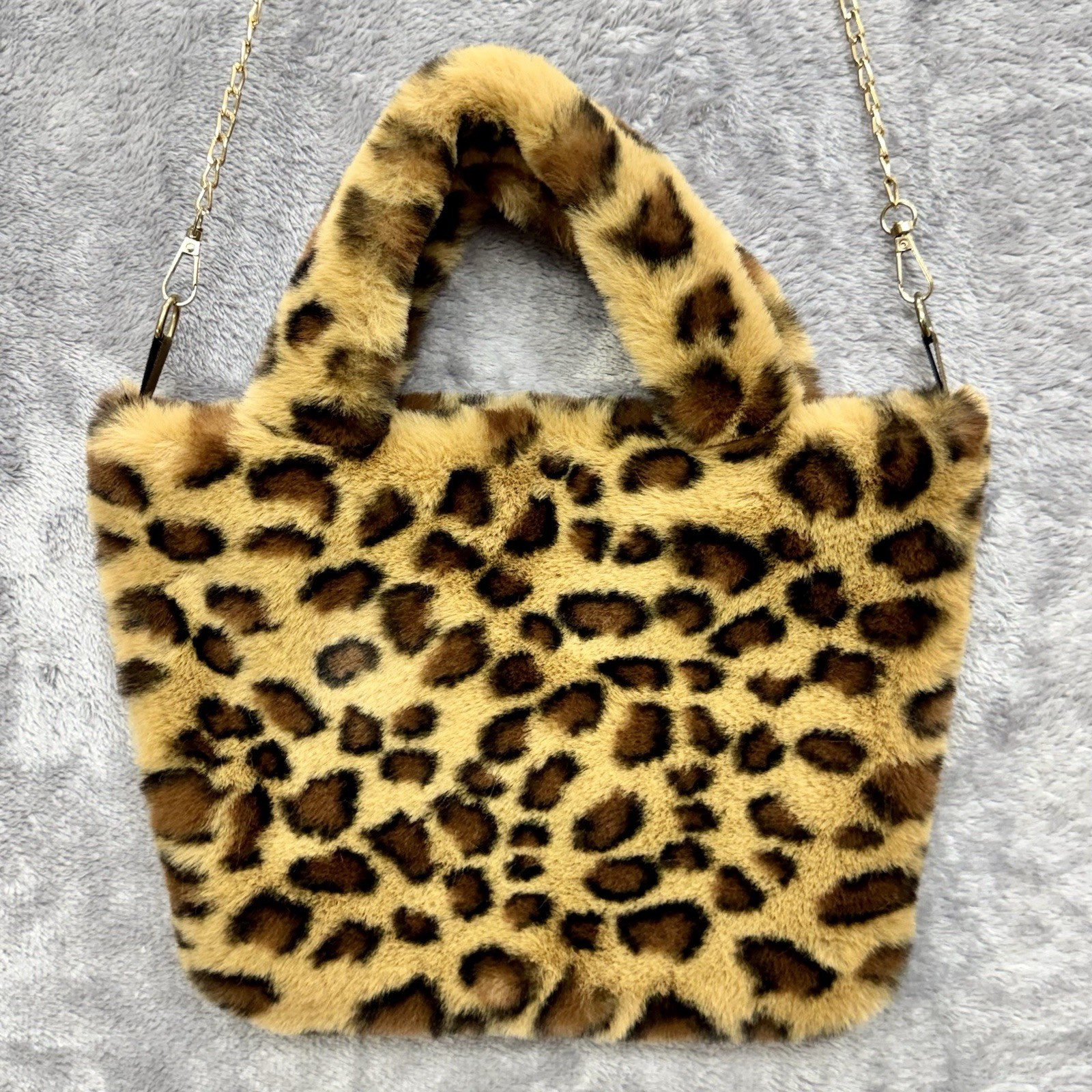 Leopard Animal Print Top Handle Bag Purse w/ Gold Chain Strap, Lined