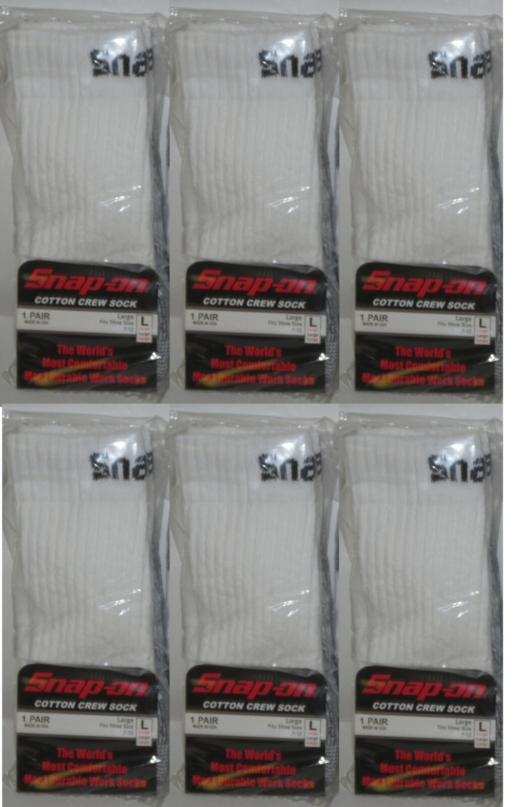6 PAIRS Snap-On CREW Socks Men’s WHITE LARGE ~ FREE SHIPPING ~ MADE IN USA *NEW*