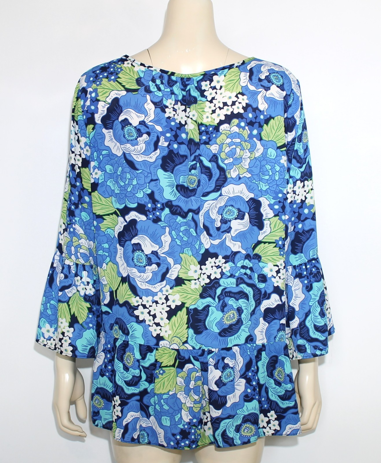 Pappagallo Women’s Vibrant Blue and Green Floral Top With Ruffle Sleeve & Hem L