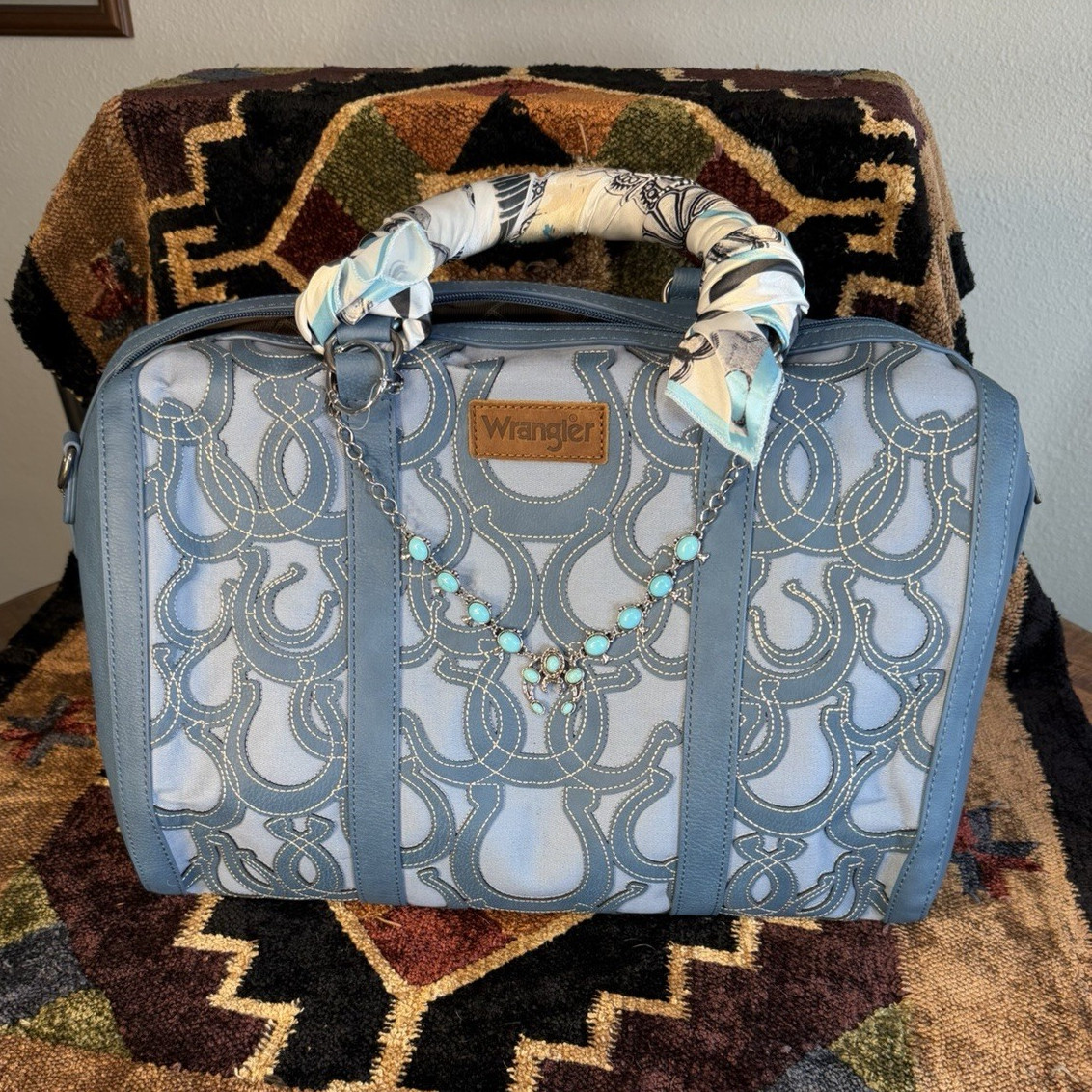 Wrangler Blue horseshoe Zip Satchel/Top Handle Bag w/ Charm + Wallet