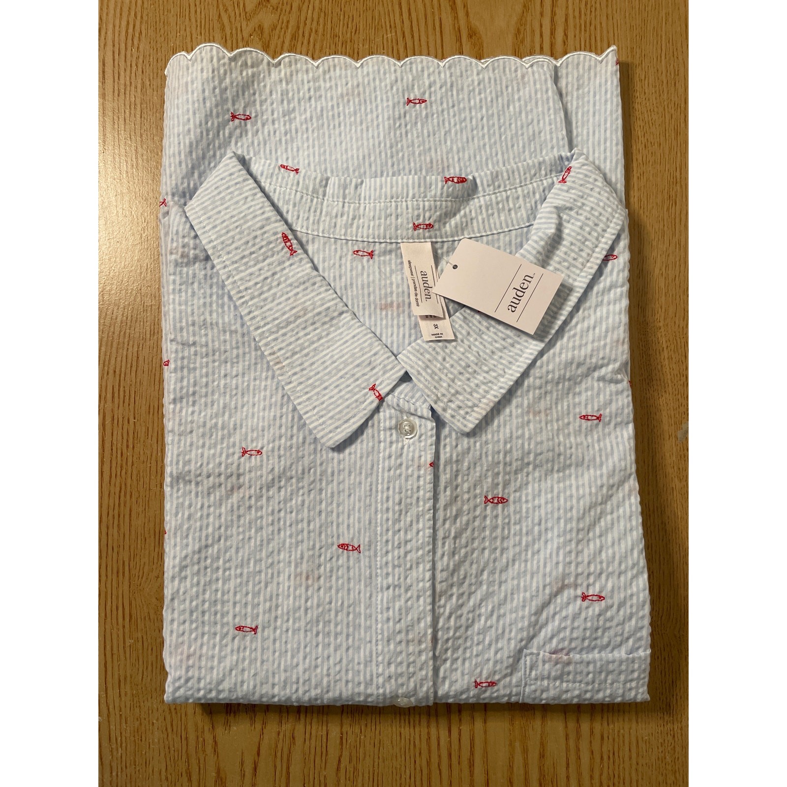 New Women’s Auden Sardines Print Seersucker style button up shirt blue white 3X