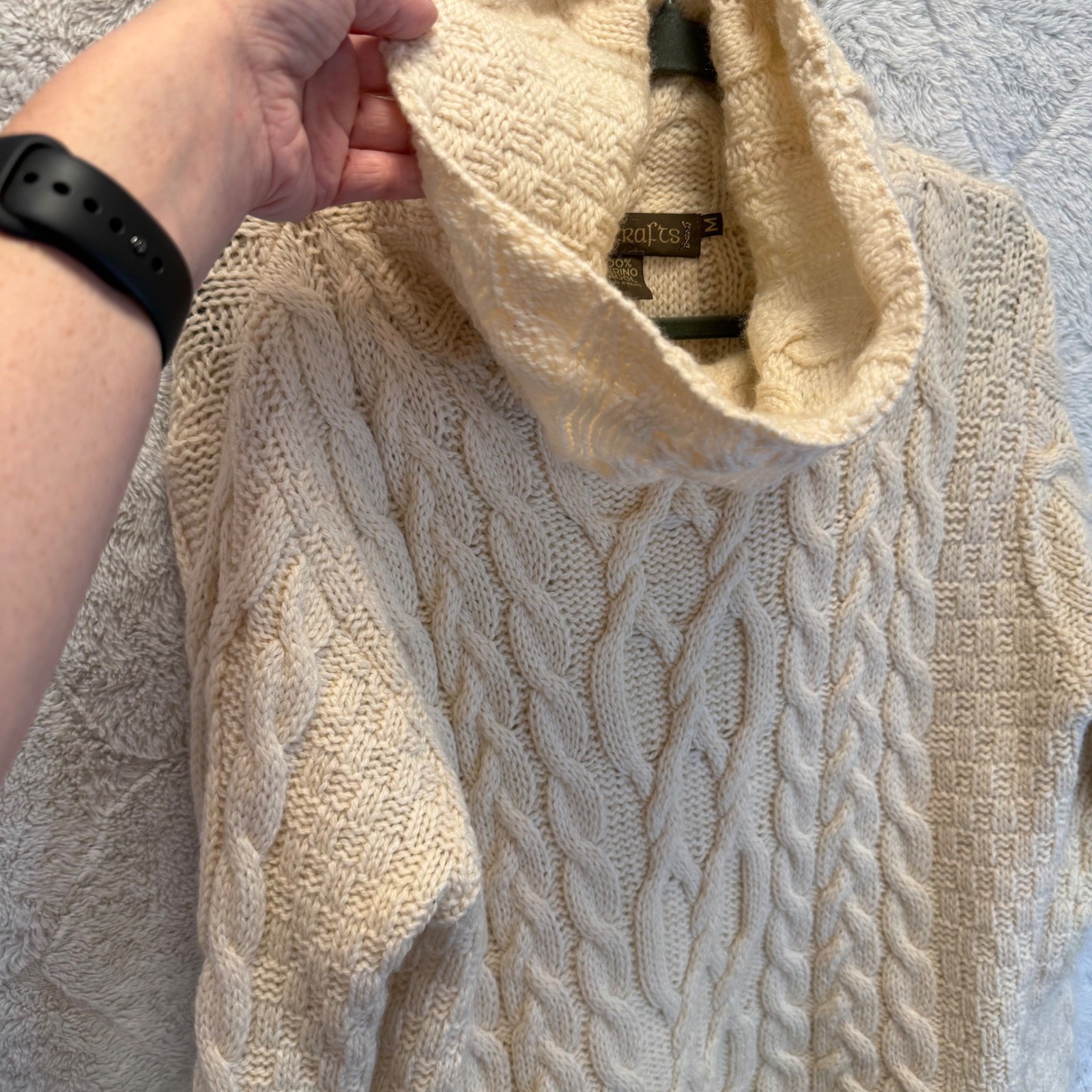 Inis Crafts Ireland Merino Wool Fisherman Cable Knit Cowl Neck Sweater Cream M L