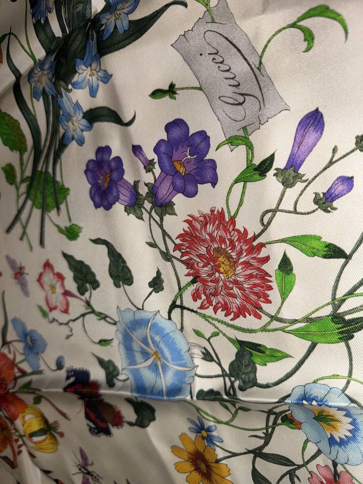 Gucci Floral Multicolor Silk Satin Square Scarf w/ Logo Accents
