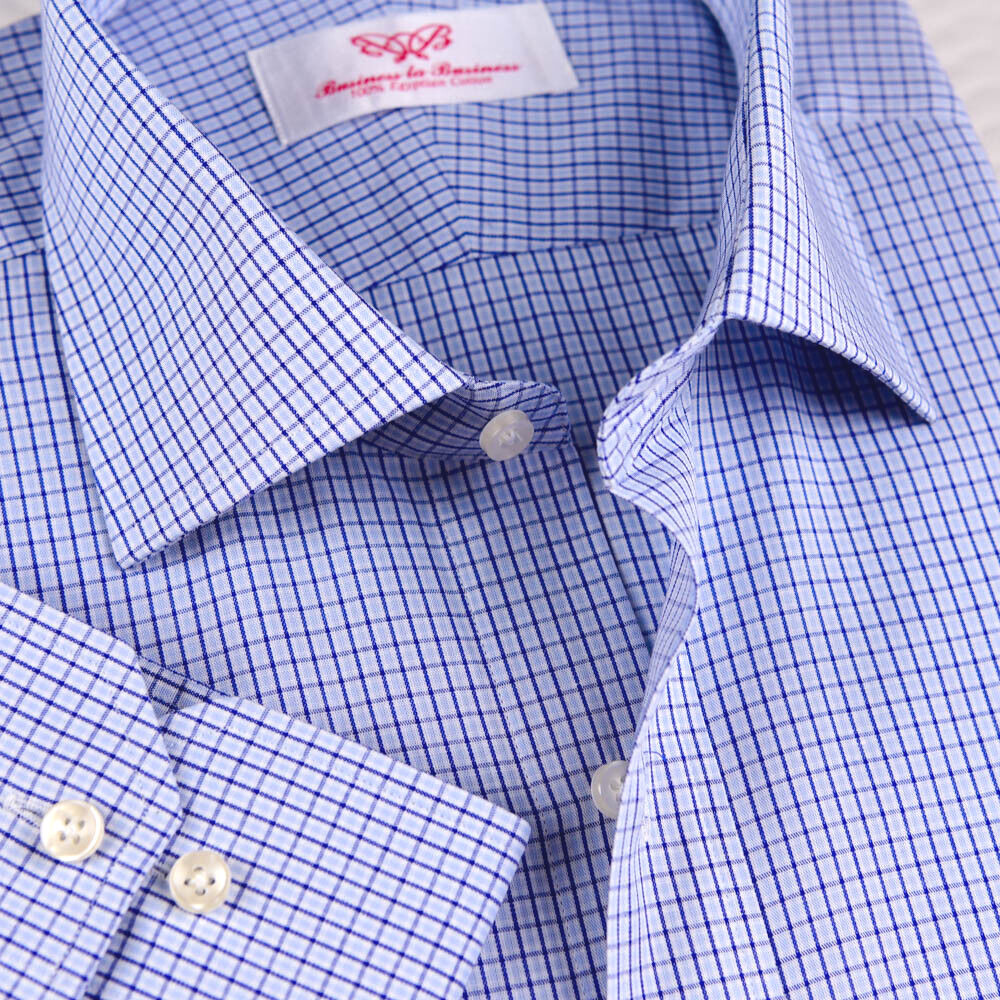 Light Blue Mens Formal Business Dress Shirt Plaids & Checks With Standard Cuff