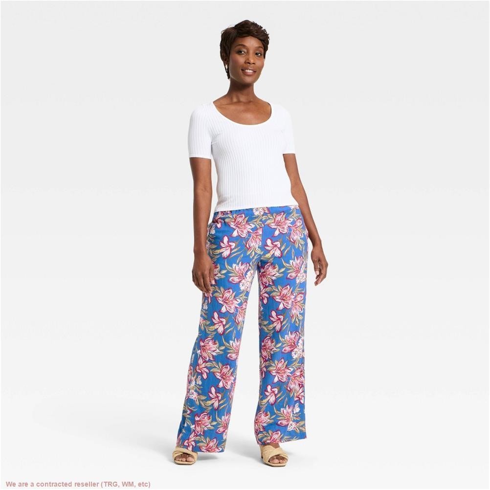 Women’s Linen Wide Leg Pull-On Pants – A New Day Blue Floral M *SEE DEAL!!!*