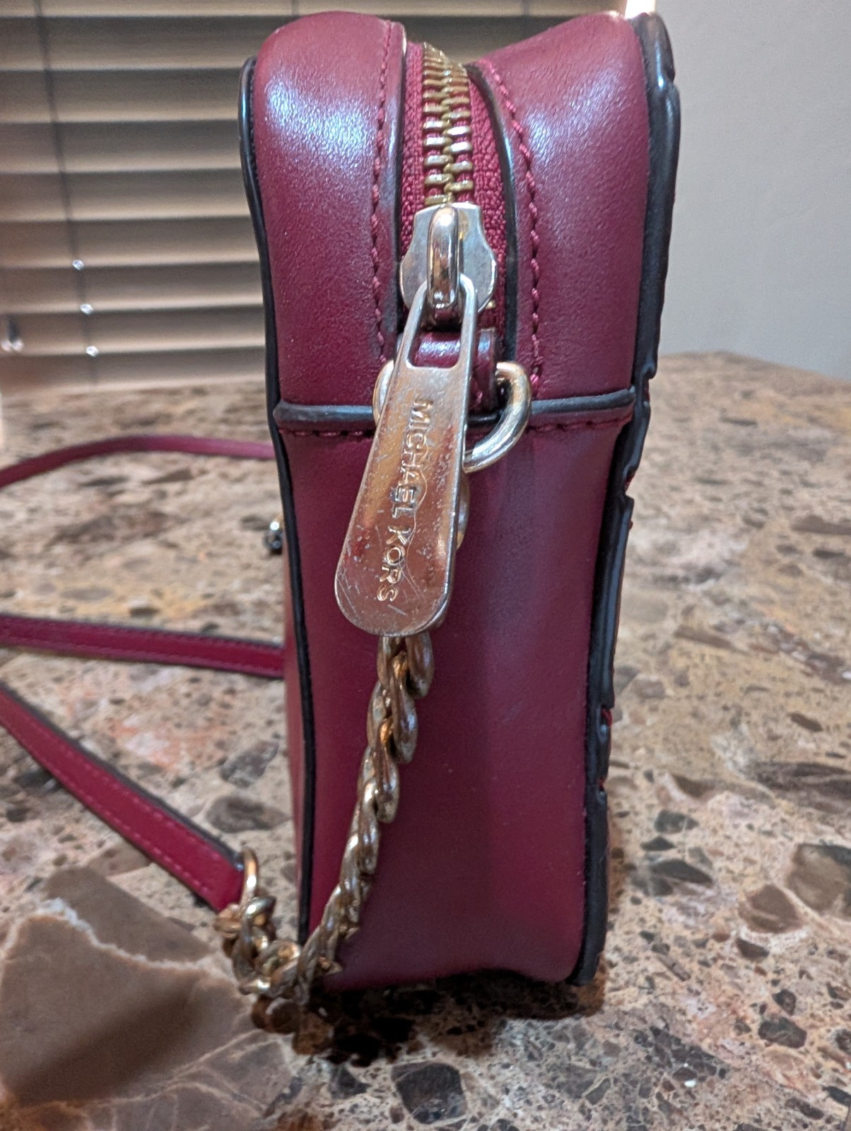 Michael Kors Burgundy Quilted Crossbody Zip Bag Gold Hardware Chain Strap
