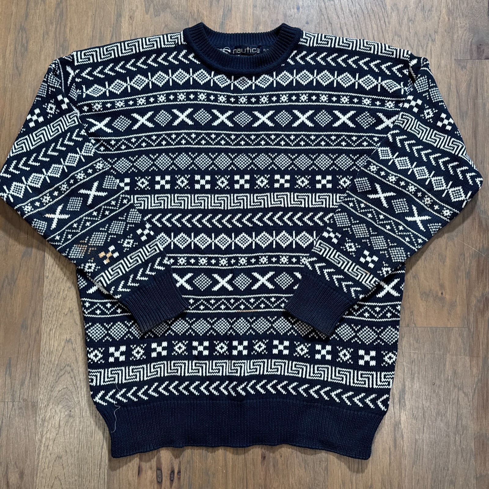 Vintage Nautica Sweater Mens XL Blue Fisherman Knit Navy Nautical Pullover 90s