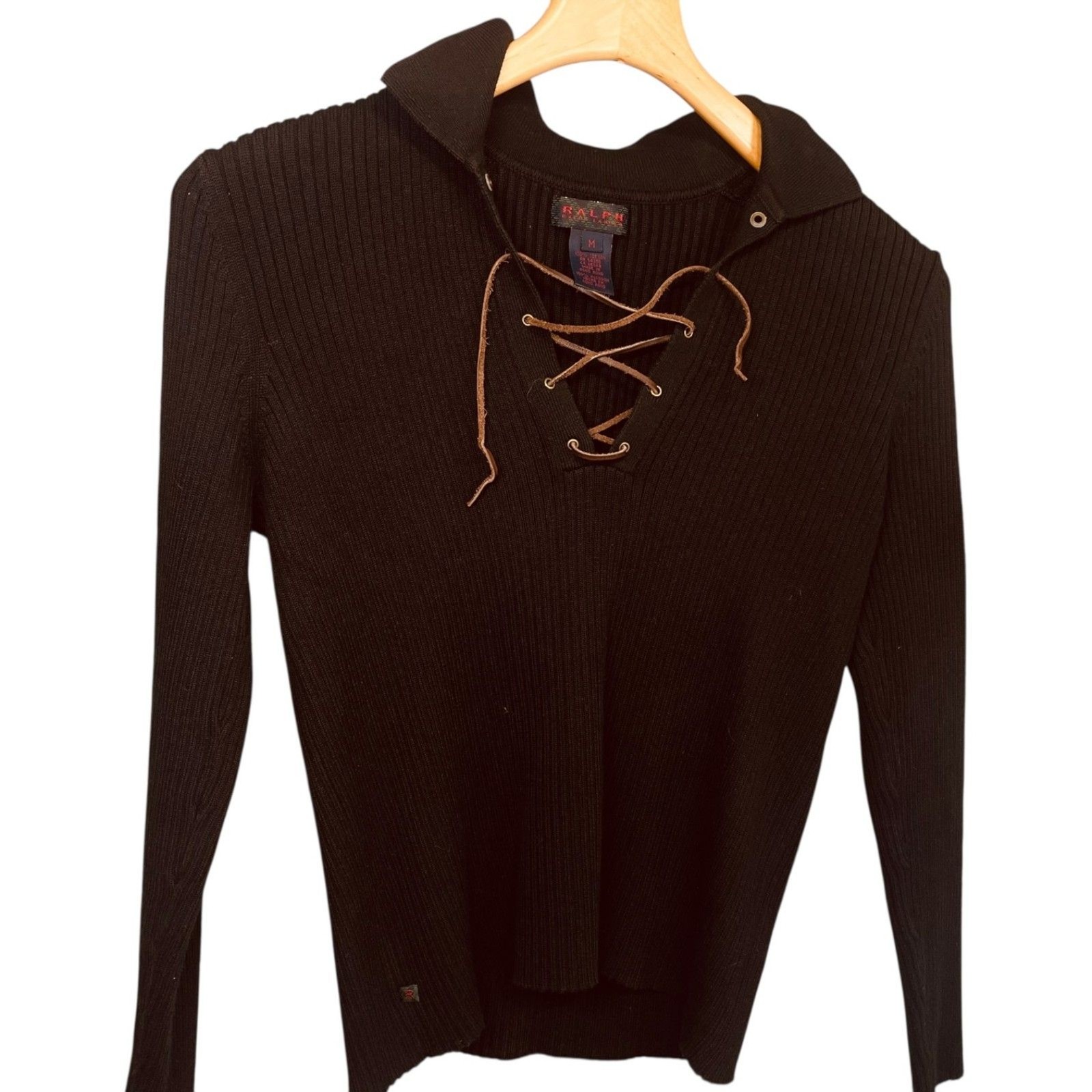 Ralph Lauren Black Ribbed Lace-Up V-Neck Cotton Sweater Size M EUC