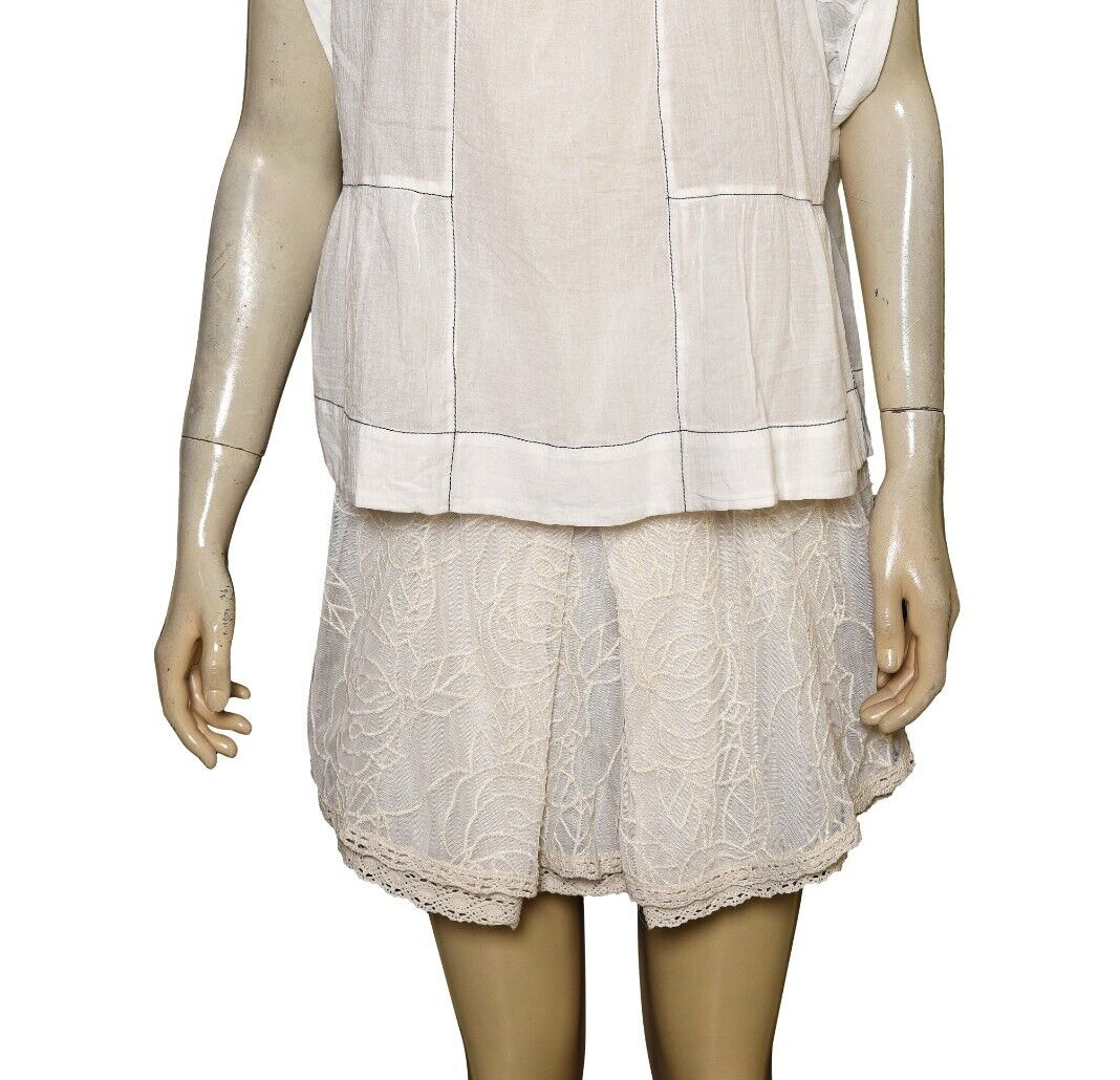 Anthropologie Cap-Sleeve Babydoll Blouse M 8 Sheer White Cotton Crop Top 44597