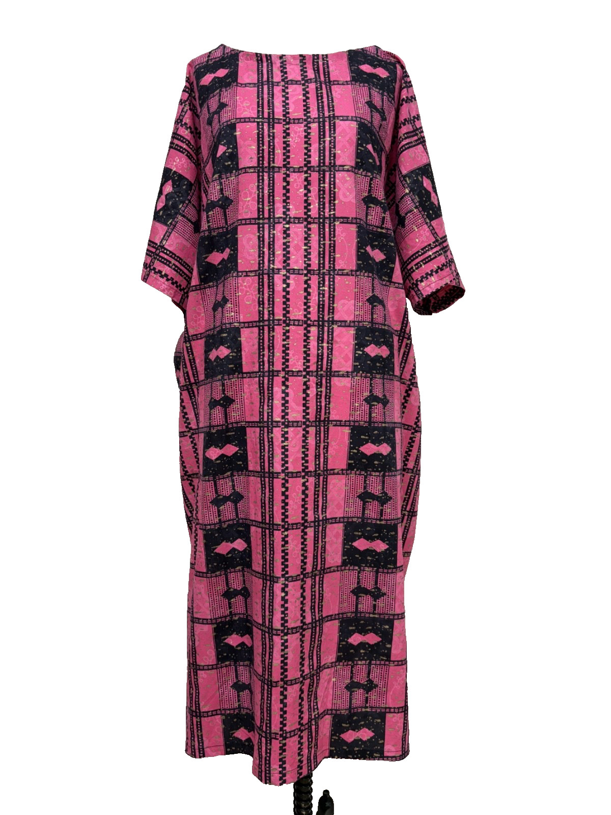 Vintage Miss Egypt Dress Middle Eastern Kaftan Pink Gold Print Ethnic Cotton OS
