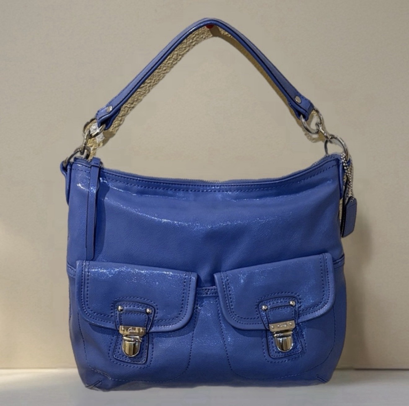 Coach Blue Patent Shoulder Bag with Buckle Accent, Zipper, Bag Charm