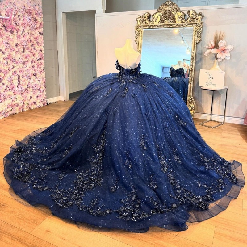 Off Shoulder Navy Blue Quinceanera Dresses Flowers Gold Applique Lace Gowns