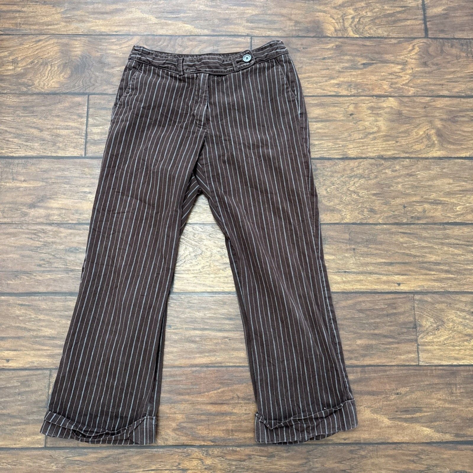 Talbots Women Pants 10 Petites Blue Striped Cotton Blend Straight Leg Capri Fit
