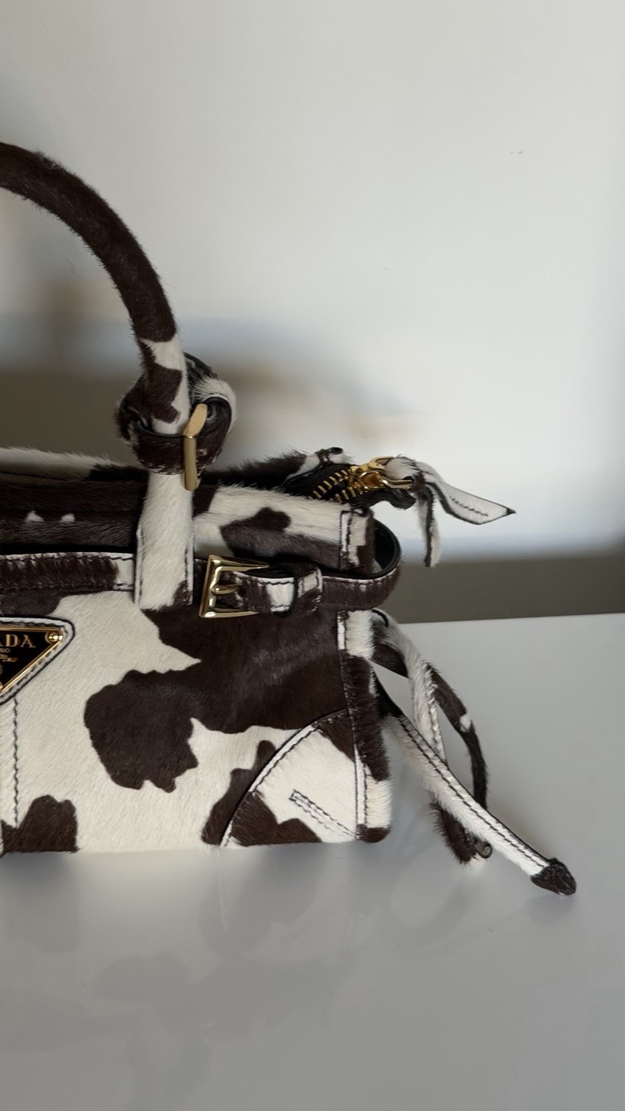 PRADA Cow Print Satchel Top Handle Bag w/ Detachable Adjustable Strap Zip