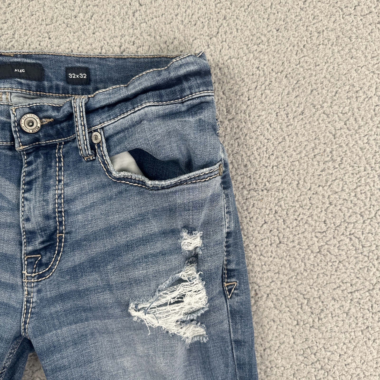 BKE Buckle Alec Slim Straight Jeans Men 32×32 Blue Stretch Whiskered Distressed