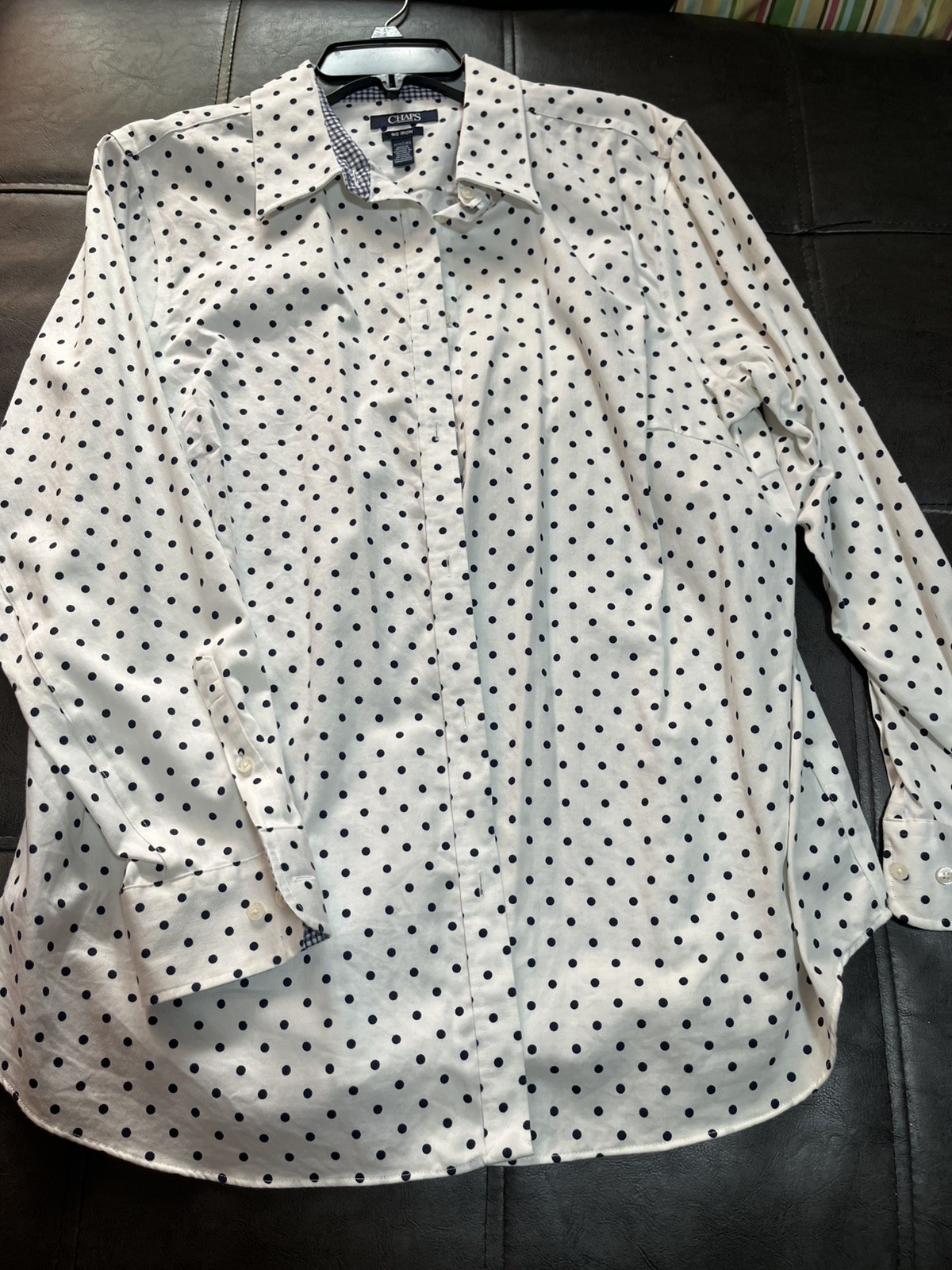 CHAPS PXL No Iron Long Sleeve White Shirt with Navy Polka Dots Sizes 1X